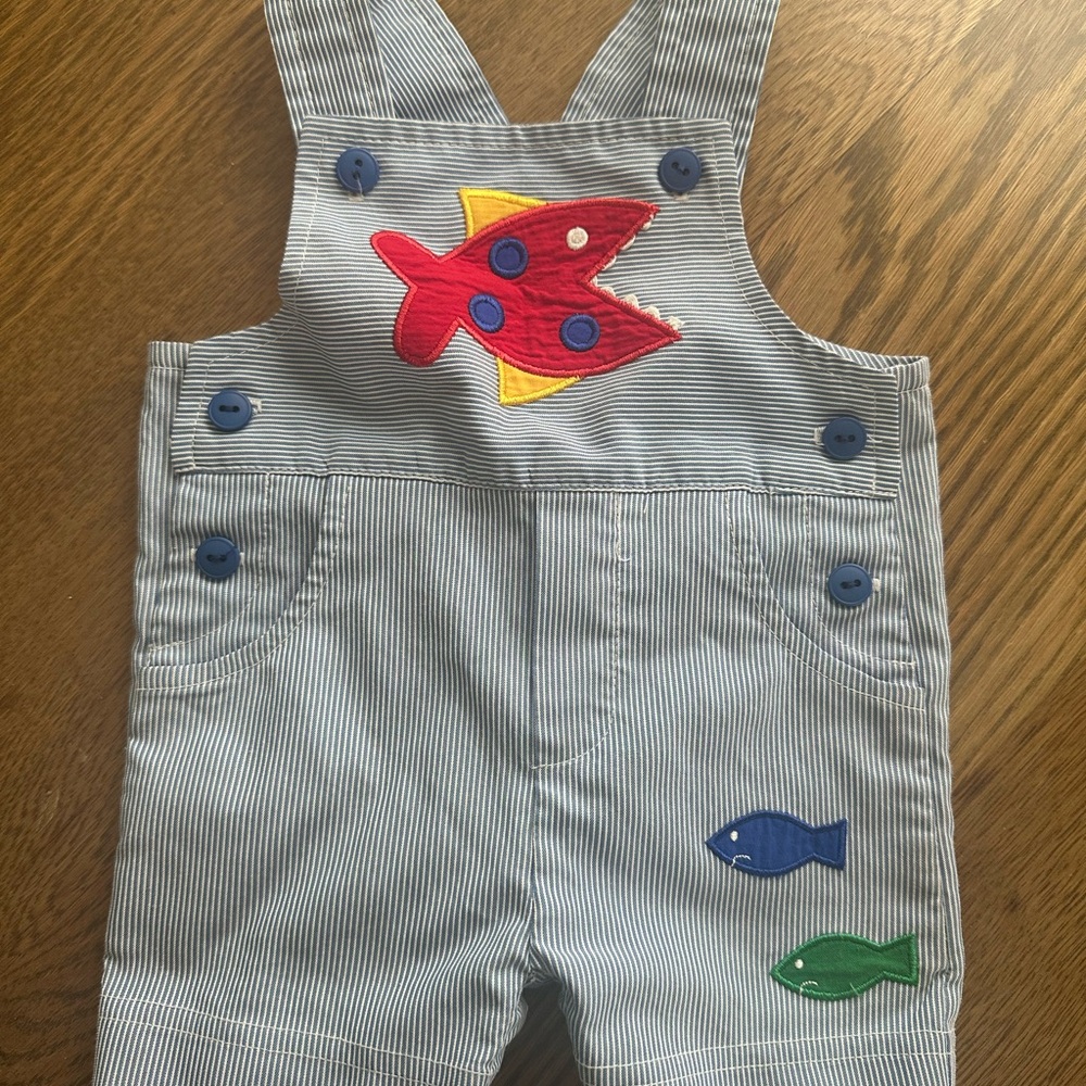 Florence Eiseman Blue and Red Overalls with Fish Appliqué